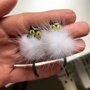 Furry Kitty Cat Earrings~White & Black~Yellow Eyes~ADORABLE!!!!